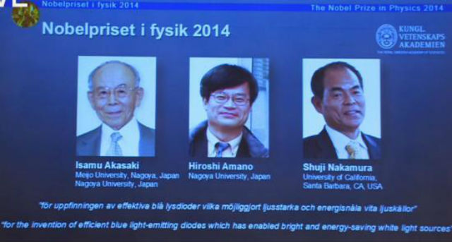 Лауреатами Нобелевской премии по физике за 2014 год стали японцы Исаму Акасаки, Хироши Амано и Сюдзи Накамура (фото Nobel Prize). 