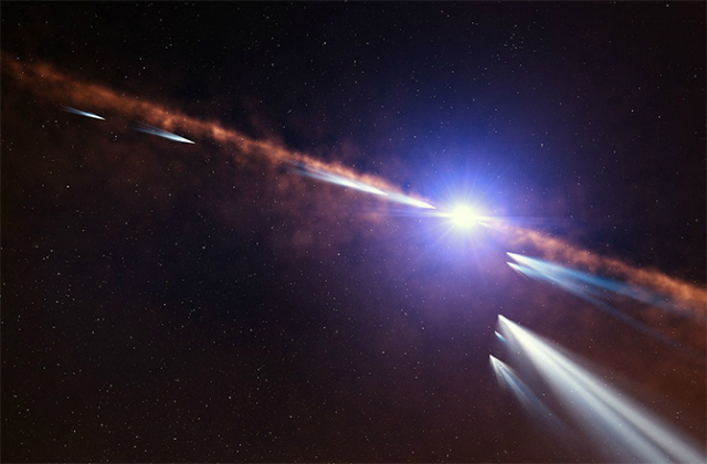 Кометы, вращающиеся вокруг звезды Бета Живописца, в представлении художника (иллюстрация ESO/L. Calçada). 