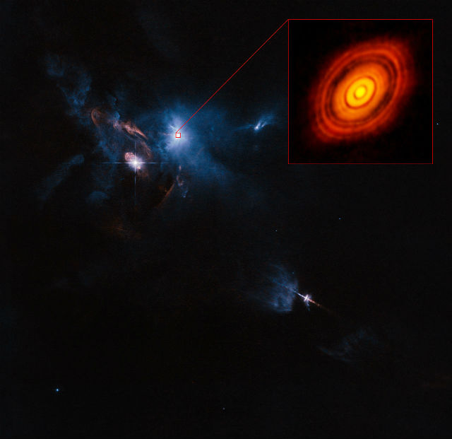 Молодое светило HL Tau удалено от Земли на 450 световых лет (иллюстрация ESO/NAOJ/NRAO). 
