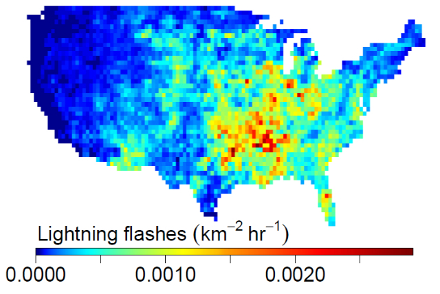 График, показывающий интенсивность вспышек молний в среднем за 2011 год в 48 американских штатах (данные National Lightning Detection Network, UAlbany, анализ David Romps, UC Berkeley).