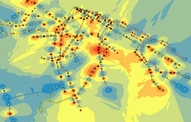 Карта распределения патогенных бактерий род Pseudomonas в метро Нью-Йорка (иллюстрация EbrahimAfshinnekoo).