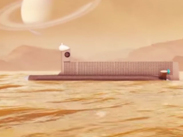 Субмарина на поверхности углеводородного моря. Спинной гребень содержит антенны для связи с Землёй (иллюстрация NASA).