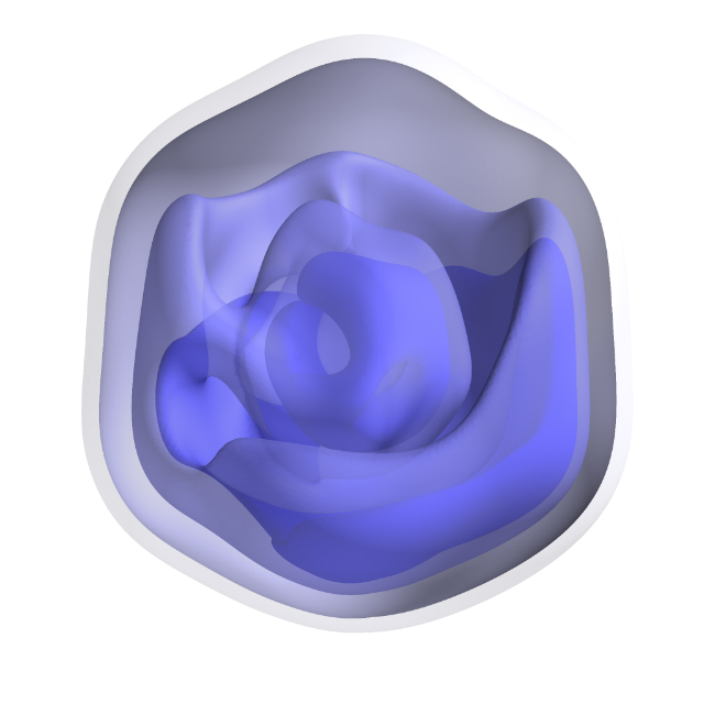 Трёхмерная реконструкция мимивируса — гигантского вируса — который часто принимают за бактерию из-за его размеров. Здесь можно получить представление о плотности электронов в неповреждённом вирусе, синим цветом отмечены регионы с наиболее высокой плотностью (фото Uppsala University). 