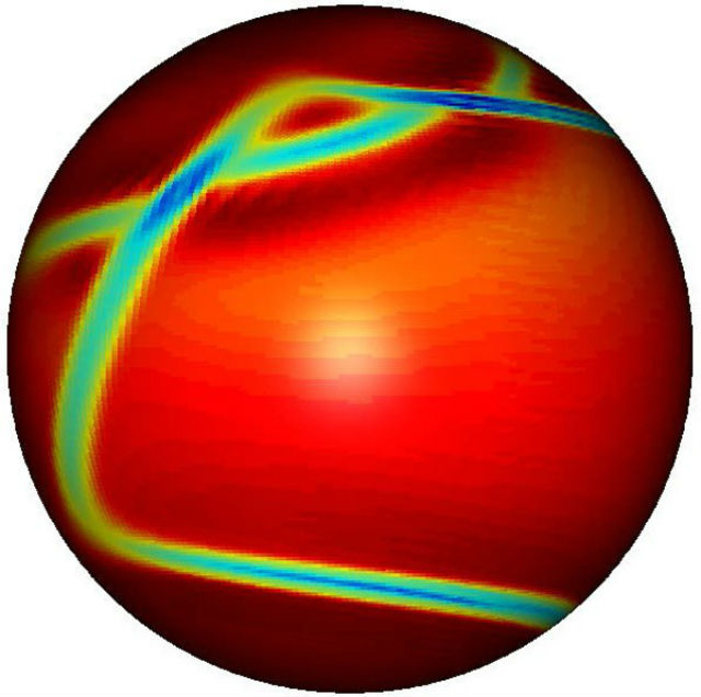 Когда тектоническая плита (красный цвет) двигается и вращается, она "наследует" образовавшиеся ранее слабые зоны (синие), которые затем продолжают расти и формировать границу плиты (иллюстрация David Bercovici).