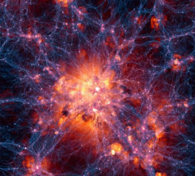 Компьютерная картина Вселенной воссоздаёт распределение скоплений галактик и нейтрального газа, а также возникновение водорода и тяжёлых элементов в составе звёздных систем (иллюстрация Illustris Collaboration). 